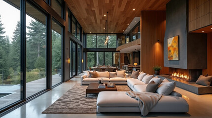 The interior of a luxurious house in a modern style in the Pacific Northwest with an open spacious layout and large floor-to-ceiling windows, a cozy living room in a minimalist style with upholstered