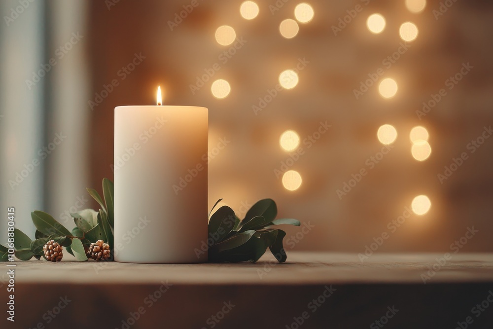 Aufkleber a lit white candle rests on a table with greenery, surrounded by softly glowing bokeh lights in the 