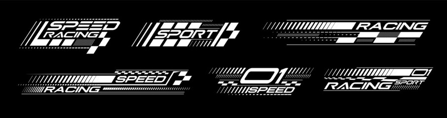 Racing stripes geometric lines design racing car hood sticker, dynamic arrow shapes and lines background for sporting event. racing start and finish flag. vector illustration template for motorsports
