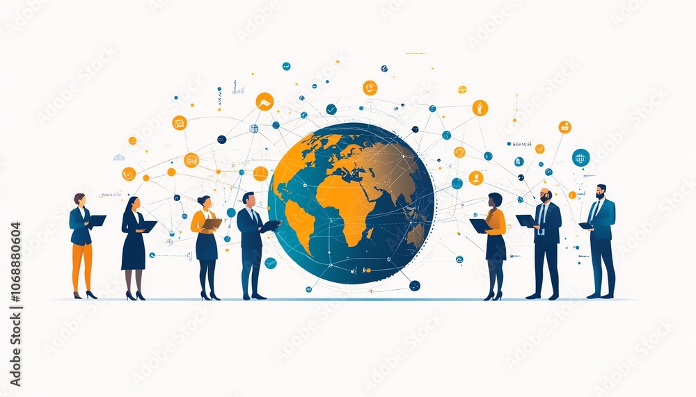 Poster a flat illustration of diverse professionals in business outfits connected by circular links encircl