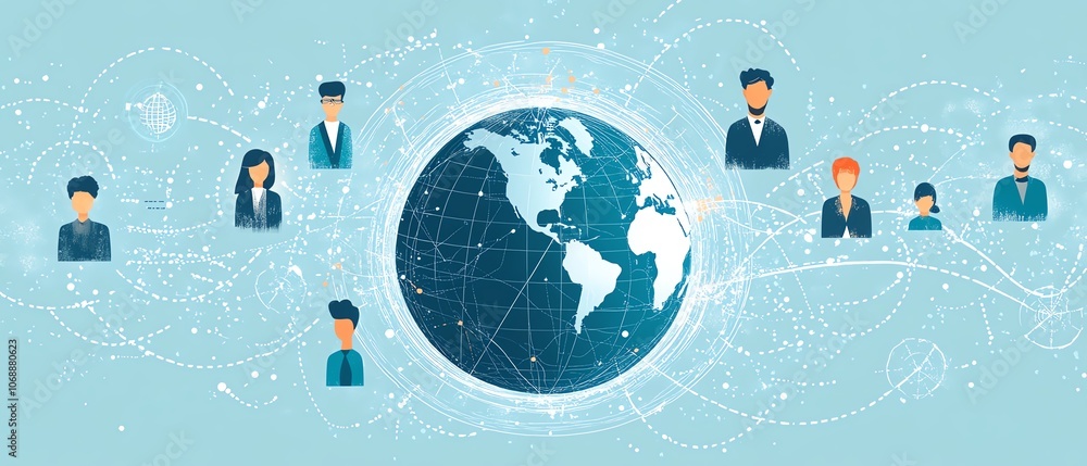 Fototapete a flat illustration of diverse people in business attire connected by circular lines around the glob