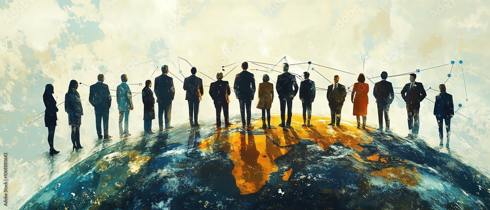 Aufkleber a flat illustration of diverse business people in formal outfits standing on earth, linked by circul