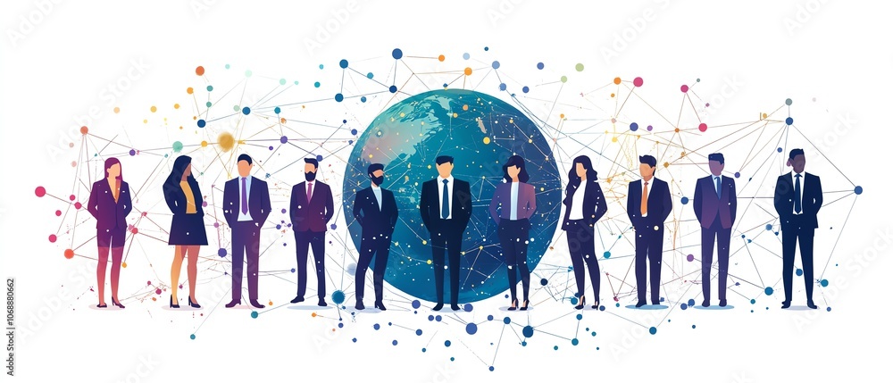 Aufkleber a flat illustration of diverse business people in formal outfits standing on earth, linked by circul