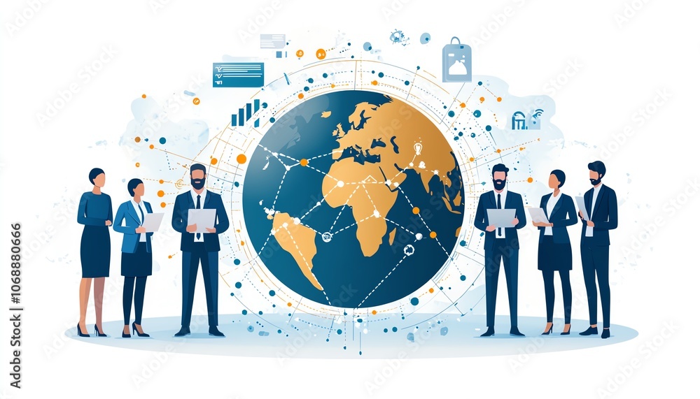 Poster a flat illustration of diverse professionals in business outfits connected by circular links encircl