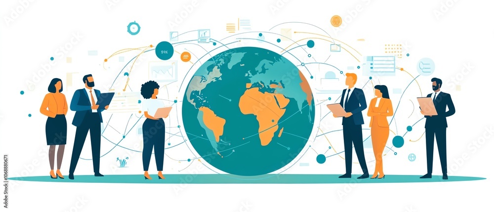 Poster A flat illustration of diverse people in business attire connected by circular lines around the globe, symbolizing global collaboration and remote work in a digital network