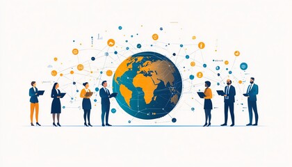 A flat illustration of diverse professionals in business outfits connected by circular links encircling the globe, signifying a remote work network and international collaboration