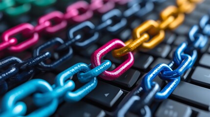 Fototapeta premium Colorful metal chains on a keyboard symbolizing digital security
