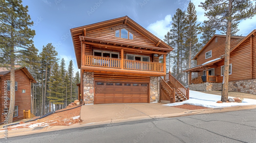 Poster a charming log cabin on a sloped driveway, surrounded by trees, showcasing rustic architecture and a