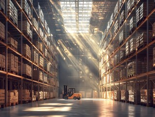 Vast Sunlit Warehouse with Towering Shelves and Speeding Forklifts Efficient Logistics and Distribution Concept