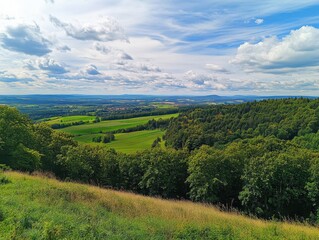 Obraz premium A scenic view of rolling hills and a vast forest under a bright blue sky with puffy white clouds.