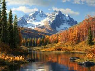 Obraz premium Serene mountain lake with snow-capped peaks in the background and autumn foliage on the shore.