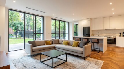 A modern living room featuring a comfortable sofa, large windows, and an open kitchen, blending indoor aesthetics with outdoor greenery.