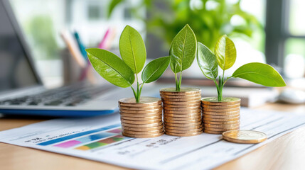 Stacks of coins with growing plants symbolize financial growth and investment success. image conveys sense of prosperity and sustainable development, ideal for business and finance themes