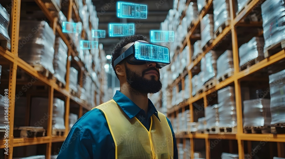 Poster warehouse worker using augmented reality glasses to scan barcodes with floating digital data display