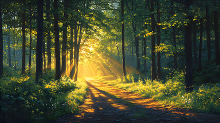 Fototapeta premium A photography showcasing the contrast between the old and the new: moss-covered tree trunks stand strong as bright wildflowers and budding branches fill the landscape with bursts of color.