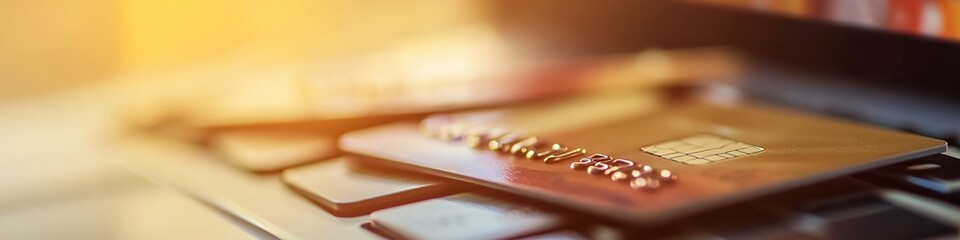 Close-up of credit card on laptop with warm light
