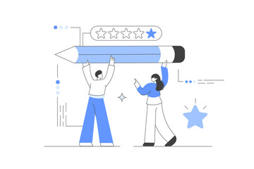 Customer feedback. Characters holding Big pencil and asking for positive review. Customer service. 5 stars. Vector Illustration, icon. Stylish, Minimalist line, abstract