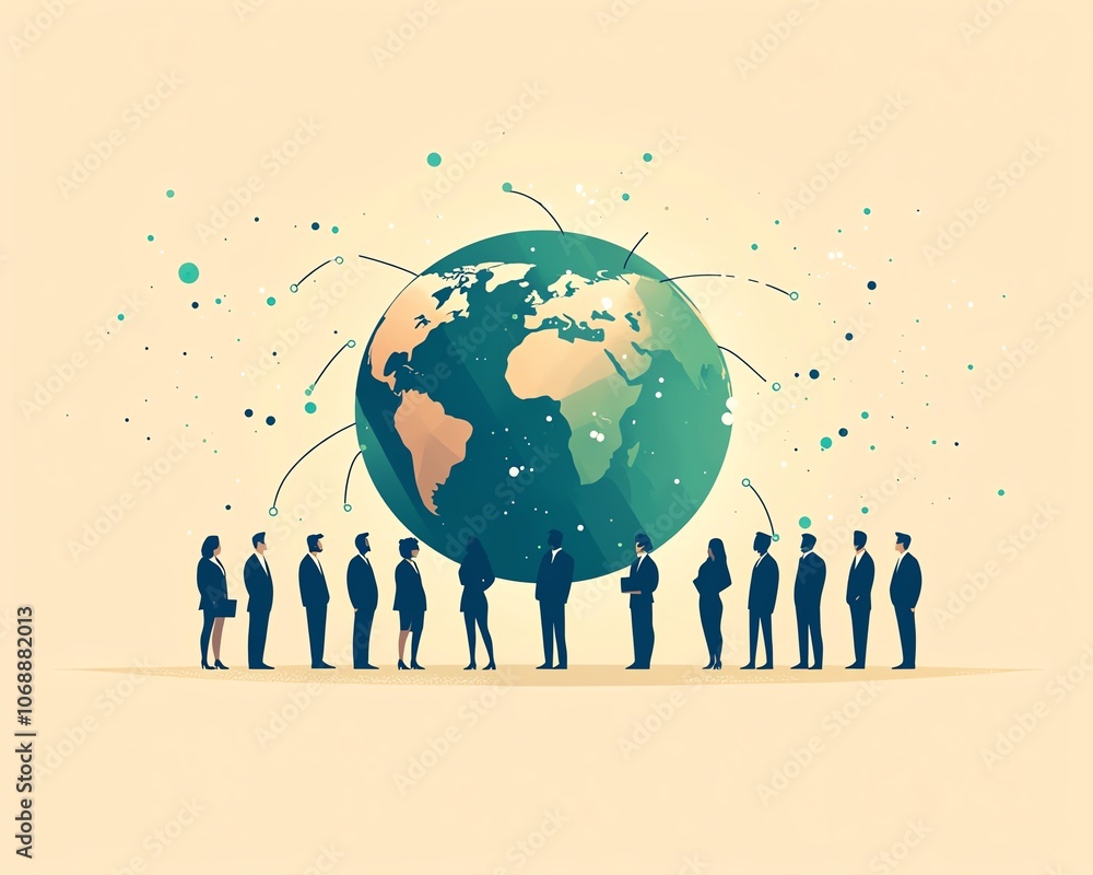 Poster a simple flat illustration of business people in different parts of the world connected by a globe