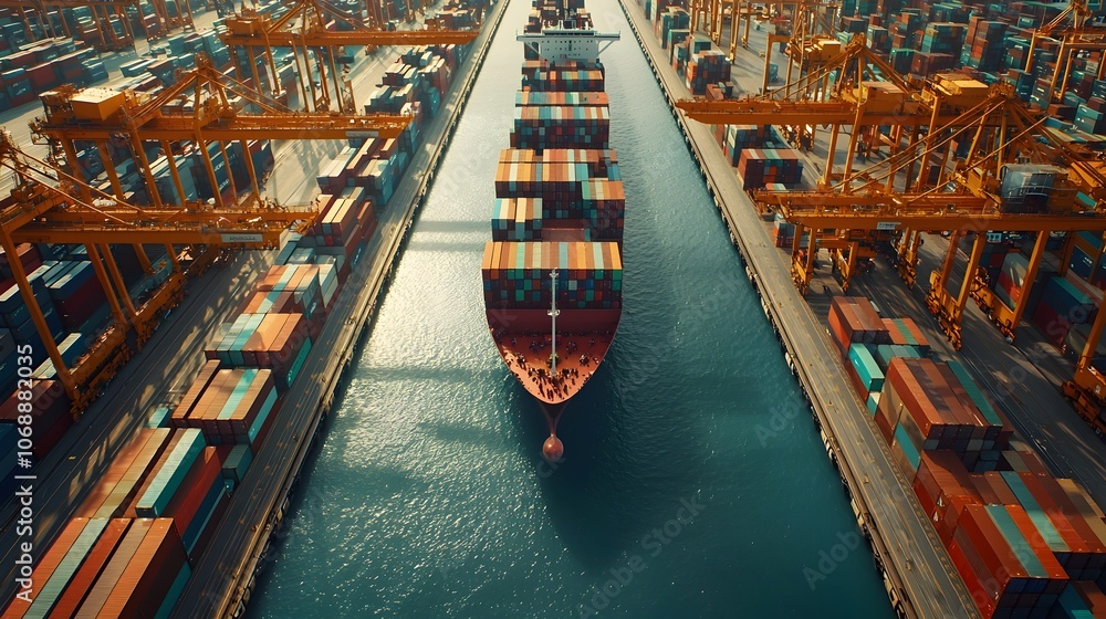 Poster massive cargo port with robotic cranes loading shipping containers in orderly rows