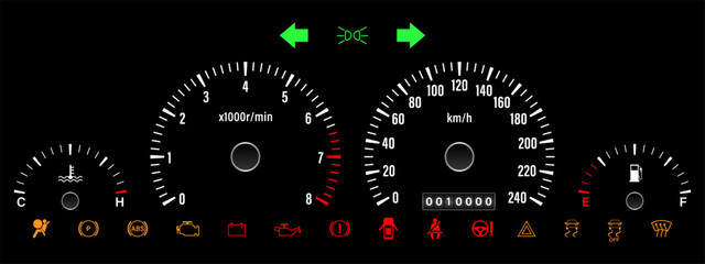 Fototapeta premium Car Dashboard. Car Panel Display. Car Speedometer Dashboard. Tachometer or Odometer Display. Vector Illustration.
