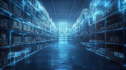 Futuristic Digital Warehouse Blueprint with Holographic Inventory Management and Logistics