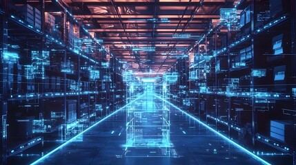 Futuristic Digital Warehouse Blueprint with Holographic Racks and Inventory Scanning