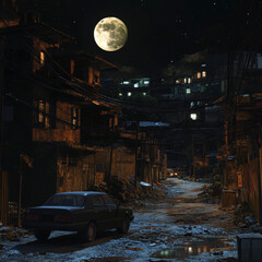 A car drives into the slum, its headlights casting eerie shadows under the moonlight, revealing a scene of stark contrast.