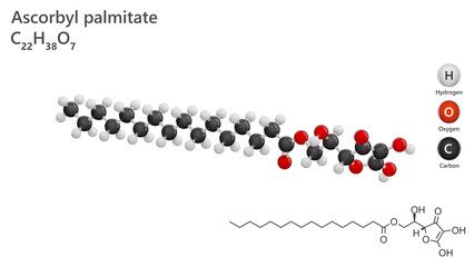 Molecule: Ascorbyl Palmitate. Fatty acid ester. E304. Molecular structure. Formula: C22H38O7. Chemical model: Ball and stick. White background. 3D illustration.