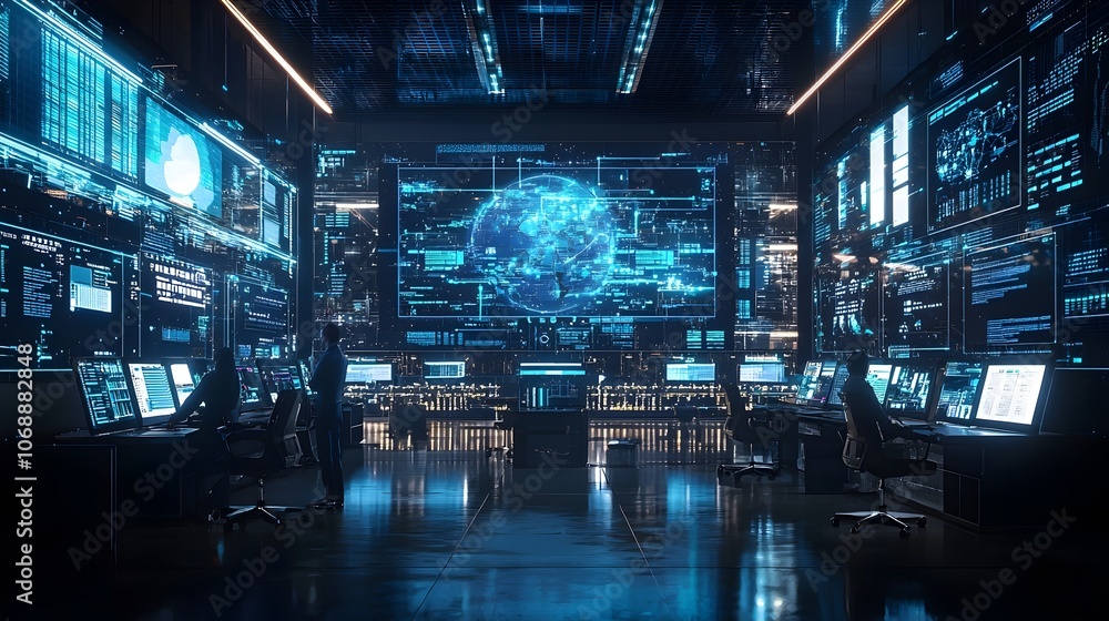 Poster futuristic supply chain control room with workers monitoring real time data and shipment analytics