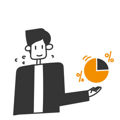 business person showing pie chart data in doodle hand drawing style