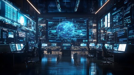 Futuristic Supply Chain Control Room with Workers Monitoring Real time Data and Shipment Analytics