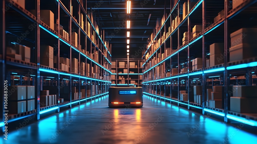 Poster futuristic smart warehouse with glowing sensors guiding autonomous robots for efficient logistics an