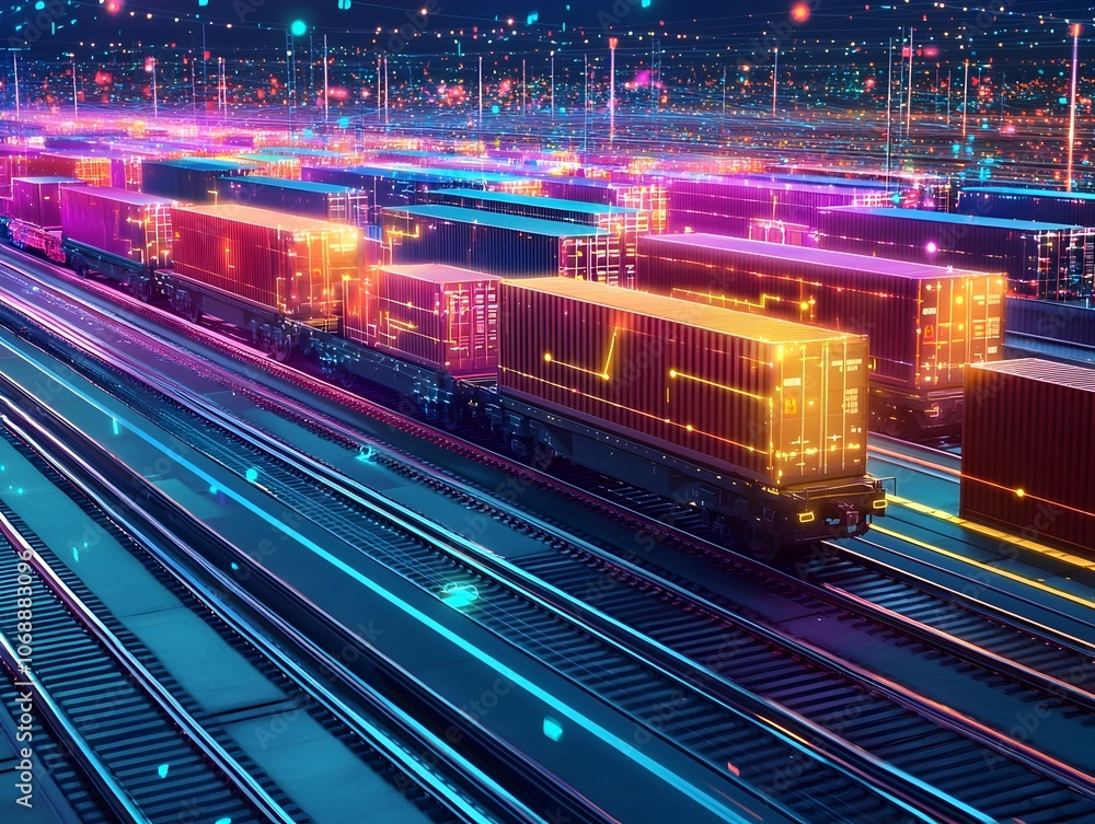 Poster cross country train carrying containers through glowing digital checkpoints for optimized delivery r
