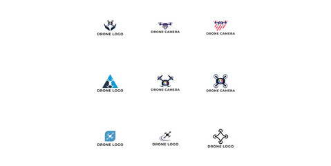 Set Drone Helicopter Camera Lens Photography logo. Drone with Camera Shutter or aperture logo.