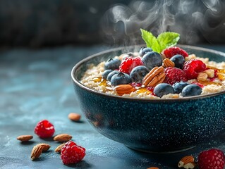 Steaming Bowl of Warm Oatmeal with Fresh Berries Nuts and Honey Drizzle