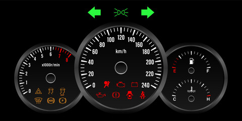 Car Dashboard. Car Panel Display. Car Speedometer Dashboard. Tachometer or Odometer Display. Vector Illustration.