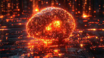 A digital brain made up of glowing circuits and data streams, representing artificial intelligence