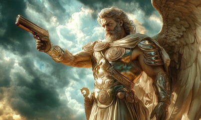 Obraz premium Golden angel with wings, holding a gun.
