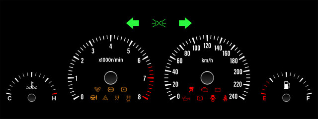 Fototapeta premium Car Dashboard. Car Panel Display. Car Speedometer Dashboard. Tachometer or Odometer Display. Vector Illustration.