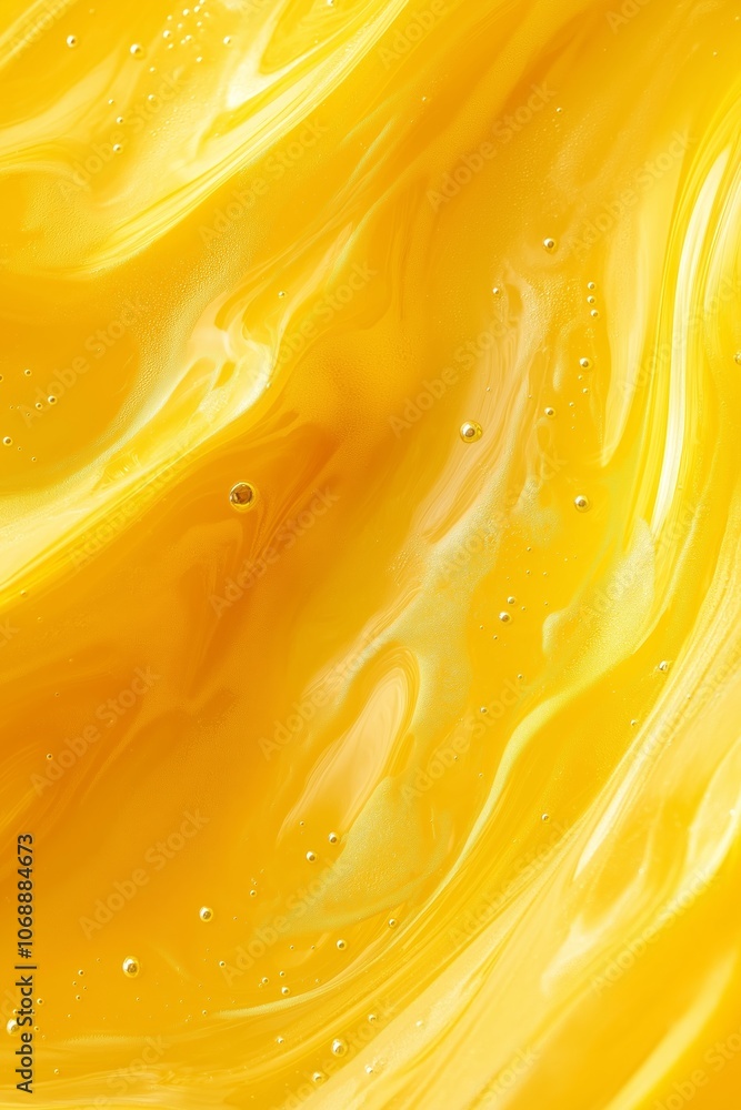 Poster a yellow liquid with bubbles in it. the bubbles are scattered throughout the liquid, creating a sens