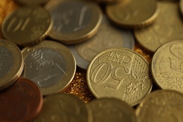 Pile of Euro coins. Various EURO coins for business money, financial cash, currency and economy concept