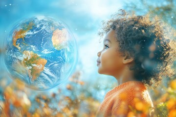 A child in a sweater gazes at a vibrant Earth surrounded by a colorful landscape in daylight