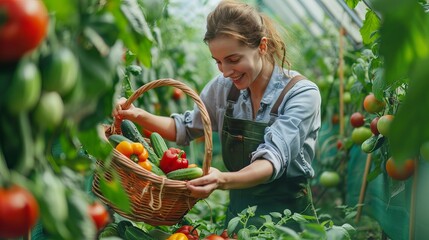 Fototapeta premium A woman in a greenhouse smiles as she carefully places freshly picked vegetables into a basket.