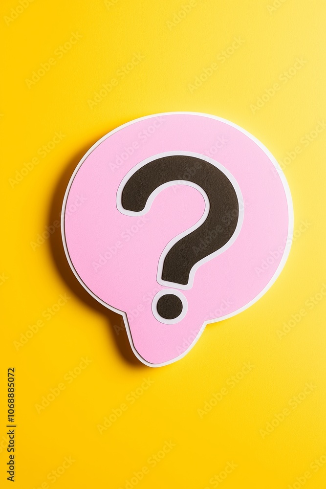 Poster a pink and black question mark is on a yellow background. the pink and black color scheme gives the 