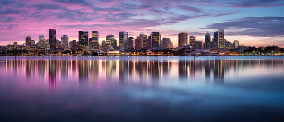 Fototapeta premium Vibrant Cityscape Twilight Reflections