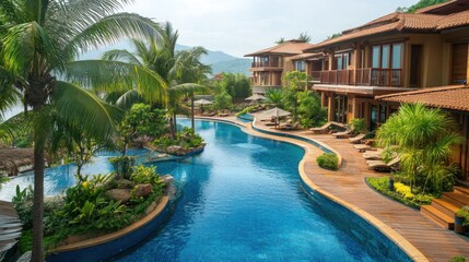 Fototapeta premium A luxurious resort with swimming pools and palm trees,