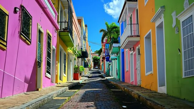 A narrow cobblestone street in a colorful neighborhood