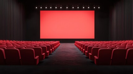 Fototapeta premium A modern cinema auditorium featuring red seats and a large blank screen against a black backdrop, ready for a presentation or film screening.