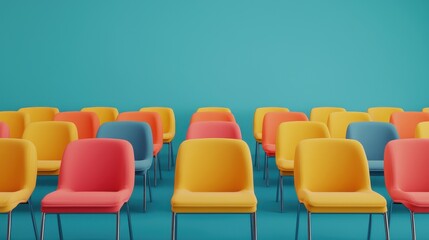 Fototapeta premium Brightly colored chairs arranged in rows against a vibrant blue wall, creating a cheerful and inviting atmosphere.