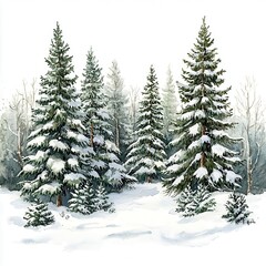 Obraz premium a winter forest with pine trees dusted in snow, tranquil holiday scene, watercolor style, isolated on white background